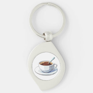 White coffee cup on a saucer filled with coffee key ring