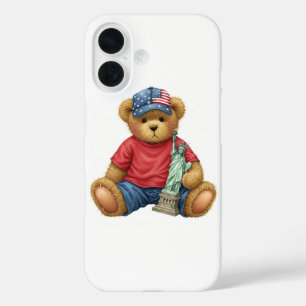 White Collection. Teddy with the Statue of Libert iPhone 16 Case