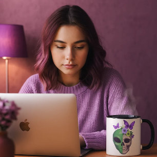 White color with alien skull and butterfly design mug