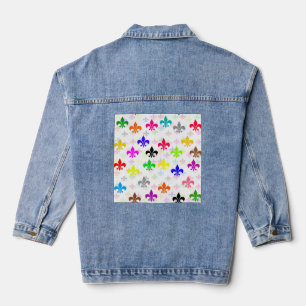 White Colourful Fleur-de-lis Pattern Design Denim Jacket