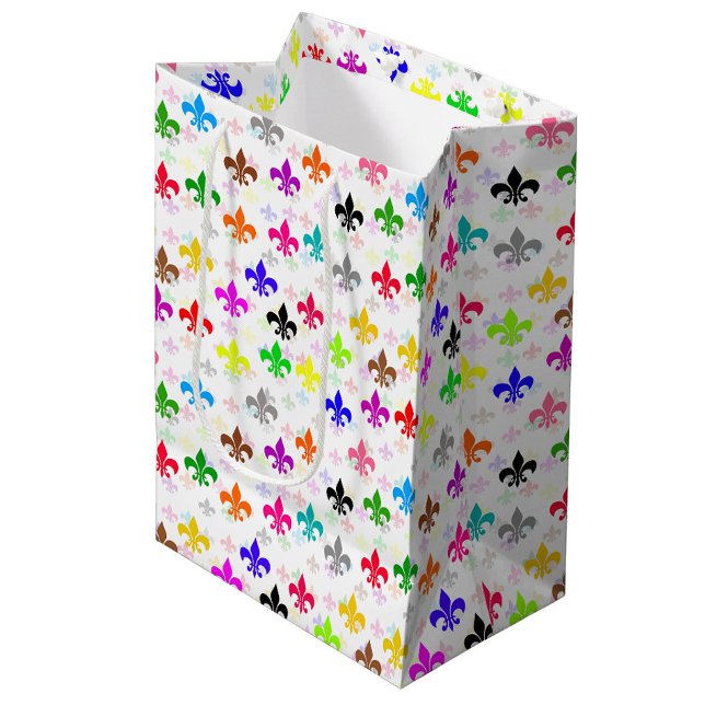 White Colourful Fleur-de-lis Pattern Design Medium Gift Bag (Creator Uploaded)