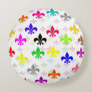 White Colourful Fleur-de-lis Pattern Design Round Cushion