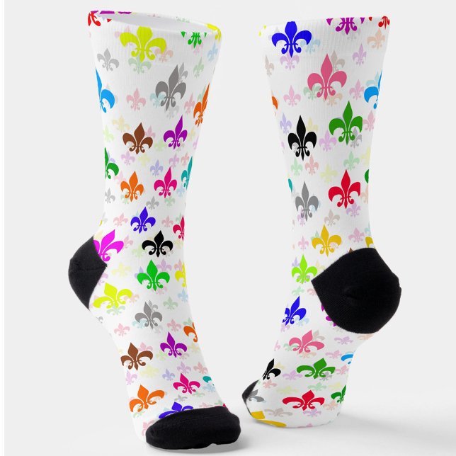 White Colourful Fleur-de-lis Pattern Design Socks (Creator Uploaded)