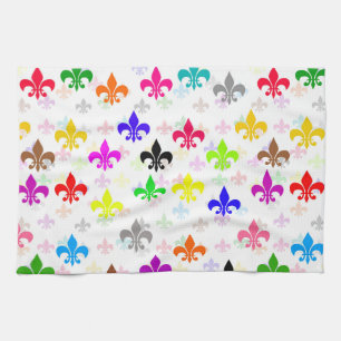 White Colourful Fleur-de-lis Pattern Design Tea Towel