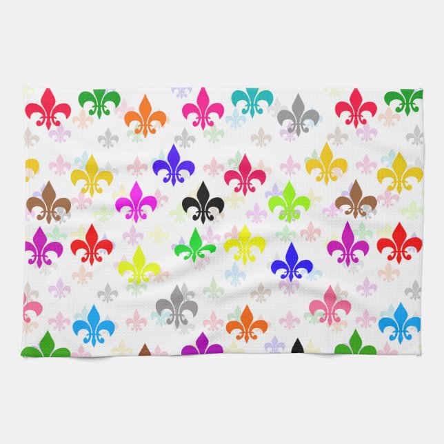 White Colourful Fleur-de-lis Pattern Design Tea Towel (Horizontal)