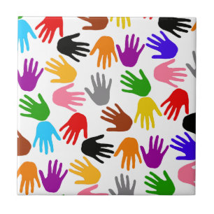 White Colourful Handprint Pattern Design Ceramic Tile