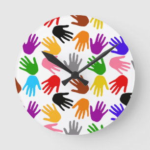 White Colourful Handprint Pattern Design Round Clock