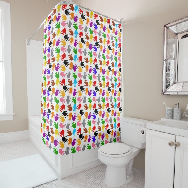 White Colourful Handprint Pattern Design  Shower Curtain (In Situ)