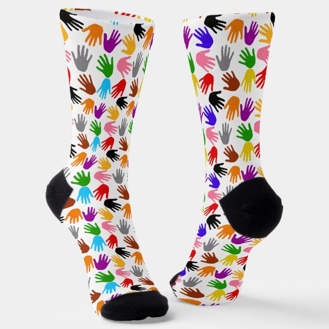 White Colourful Handprint Pattern Design  Socks (Angled)