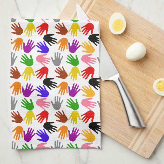 White Colourful Handprint Pattern Design  Tea Towel (Quarter Fold)