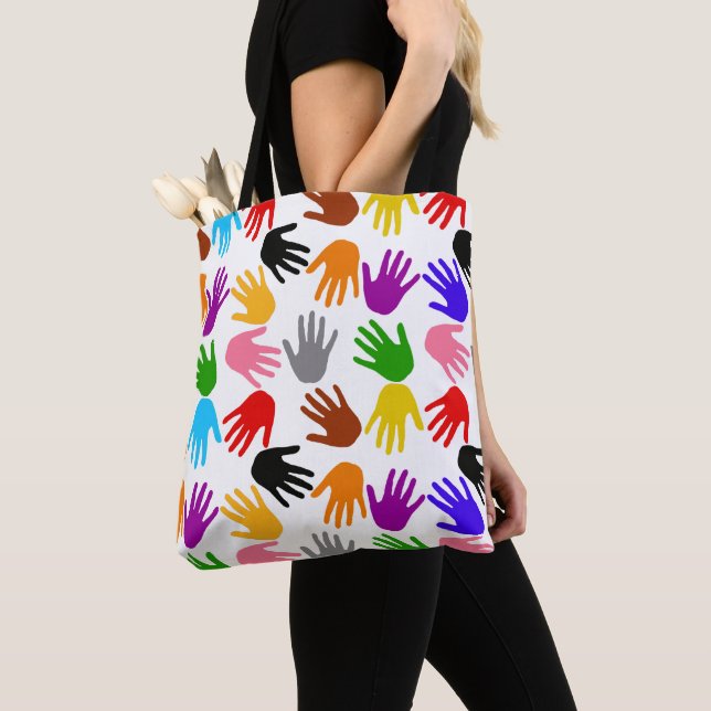 White Colourful Handprint Pattern Design  Tote Bag (Close Up)