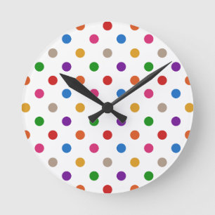 White Colourful Rainbow Polka Dots Design Round Clock