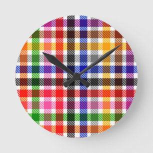 White Colourful Twill Plaid Tartan Design Round Clock