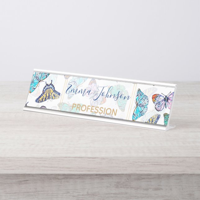 White Colourful Watercolor Butterflies Desk Name Plate (Front)