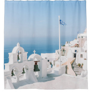 White concrete building near body of water in the shower curtain