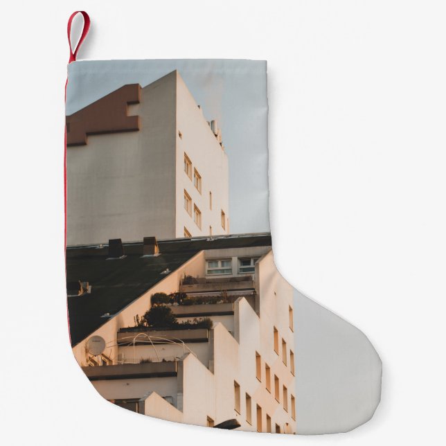WHITE CONCRETE BUILDING SMALL CHRISTMAS STOCKING (Front)