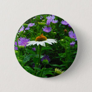 White Cone flower, purple flowers and moth 6 Cm Round Badge