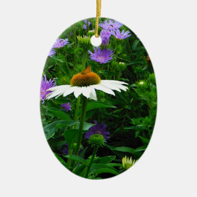 White Cone flower, purple flowers and moth Ceramic Ornament (Front)