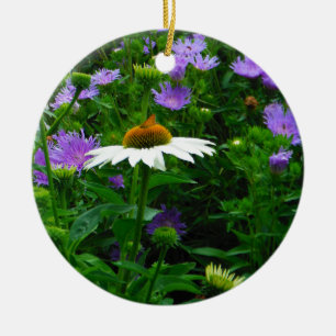 White Cone flower, purple flowers and moth Ceramic Ornament