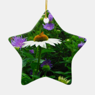 White Cone flower, purple flowers and moth Ceramic Ornament