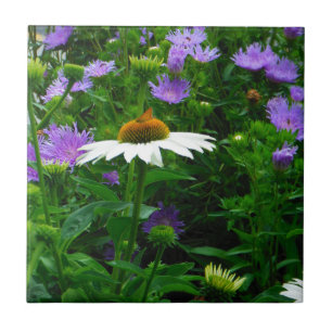 White Cone flower, purple flowers and moth Ceramic Tile