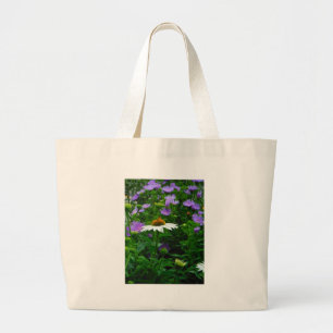 White Cone flower, purple flowers and moth Large Tote Bag