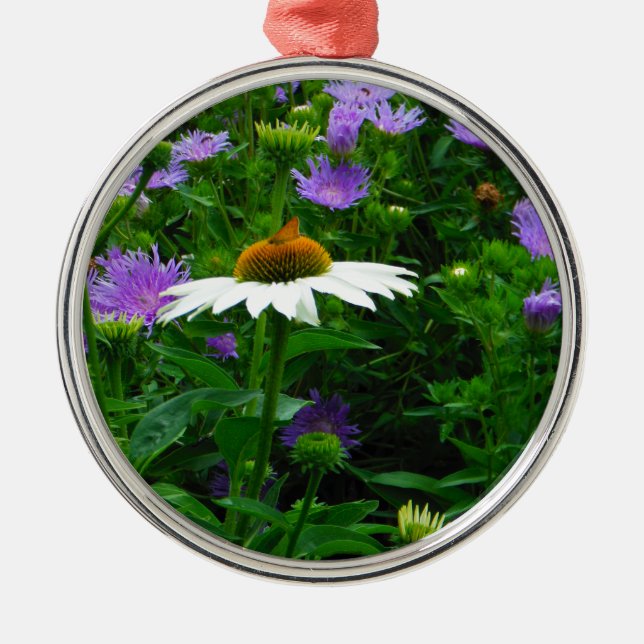 White Cone flower, purple flowers and moth Metal Tree Decoration (Front)