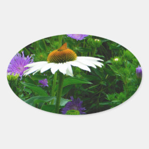 White Cone flower, purple flowers and moth Oval Sticker
