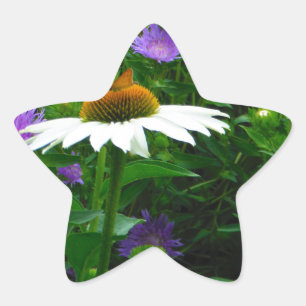 White Cone flower, purple flowers and moth Star Sticker