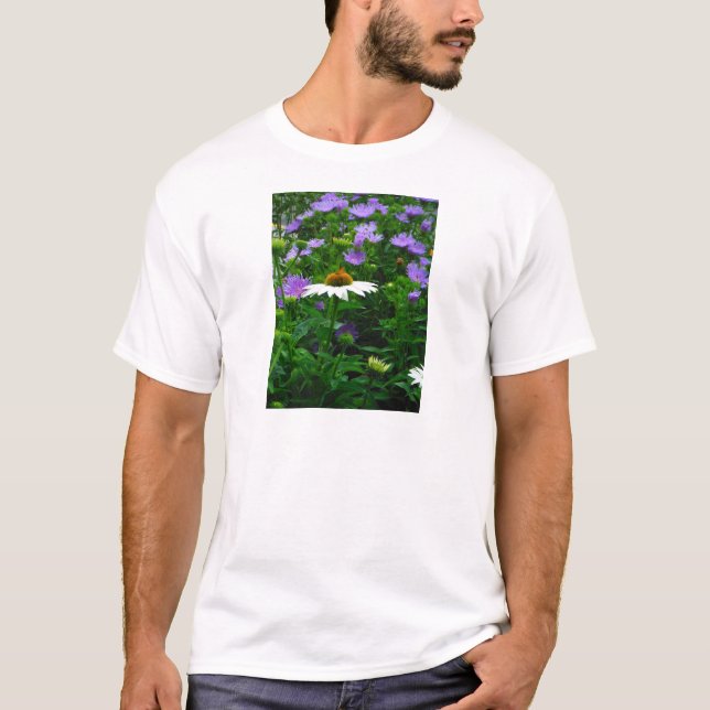 White Cone flower, purple flowers and moth T-Shirt (Front)