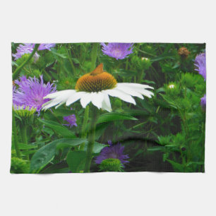 White Cone flower, purple flowers and moth Tea Towel