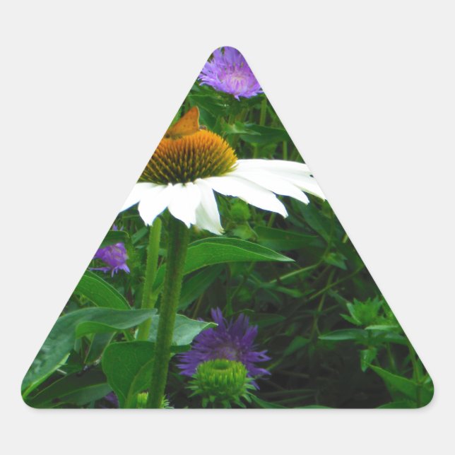 White Cone flower, purple flowers and moth Triangle Sticker (Front)