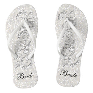 White Confetti Glitter & White Metallic   Bride Thongs