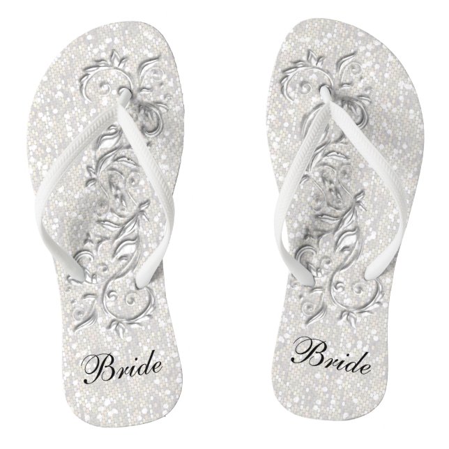 White Confetti Glitter & White Metallic | Bride Thongs (Footbed)