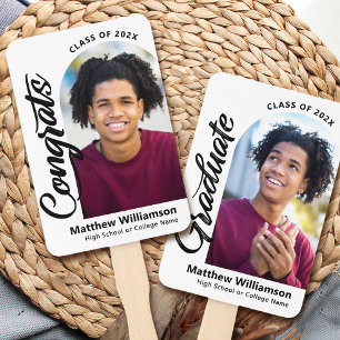 White Congrats Grad 2 Photo Arch Bold Black Script Hand Fan