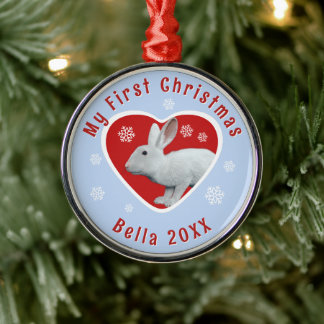 White Continental Giant Rabbit First Christmas Cus Metal Ornament