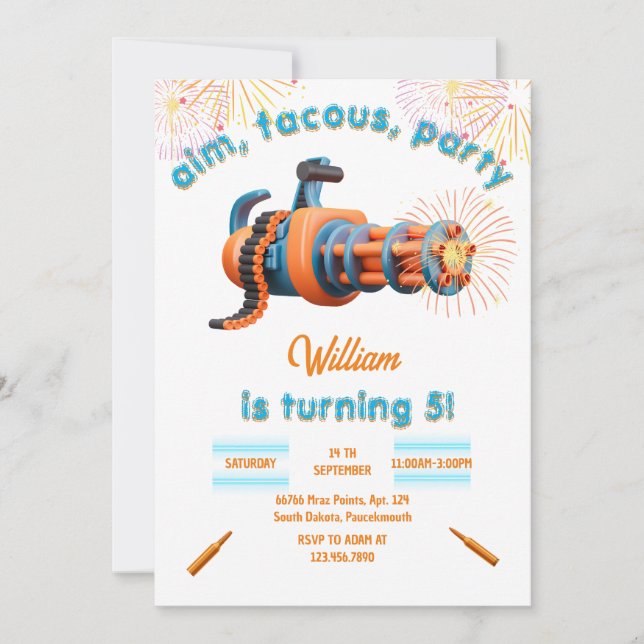 White Cool Nerf Wars Party Top Gun 5th Birthday  Invitation (Front)