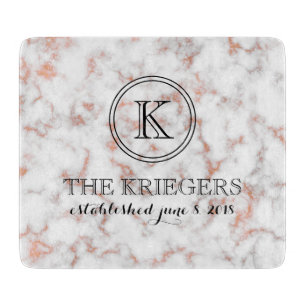 White Copper Metallic Marble Monogram Wedding Cutting Board