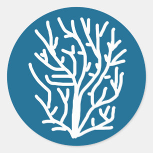 White coral on blue aquatic life classic round sticker