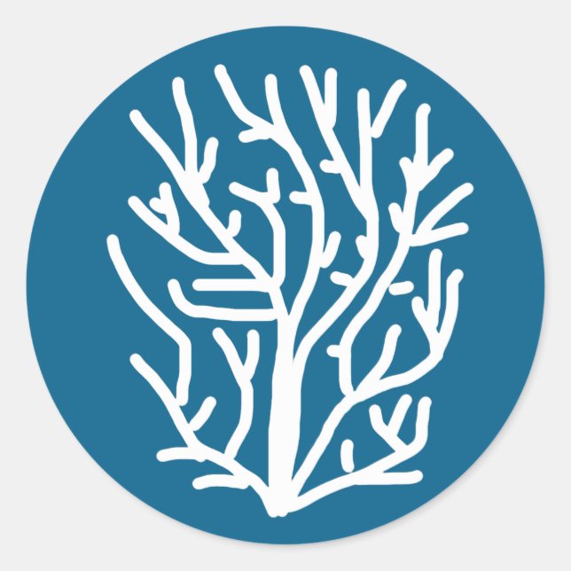 White coral on blue aquatic life classic round sticker (Front)