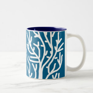 White coral on blue aquatic life Two-Tone coffee mug