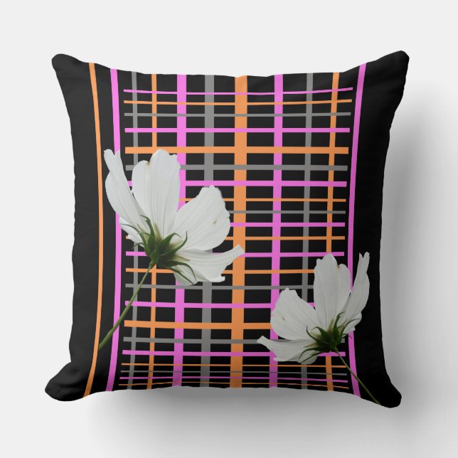 White Cosmea Chequered Pattern Throw Pillow (Front)