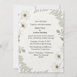 White Cosmos, Delicate Ferns, Watercolor Foliage, Invitation