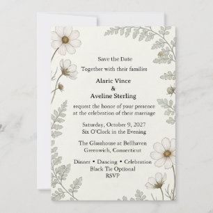 White Cosmos, Delicate Ferns, Watercolor Foliage, Invitation
