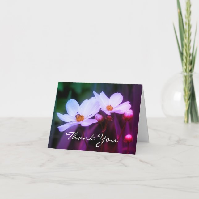 White Cosmos Flowers And Bee Thank You Card (Front)