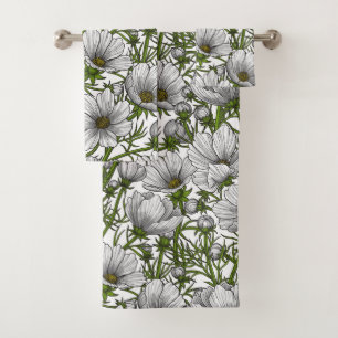 White cosmos flowers bath towel set