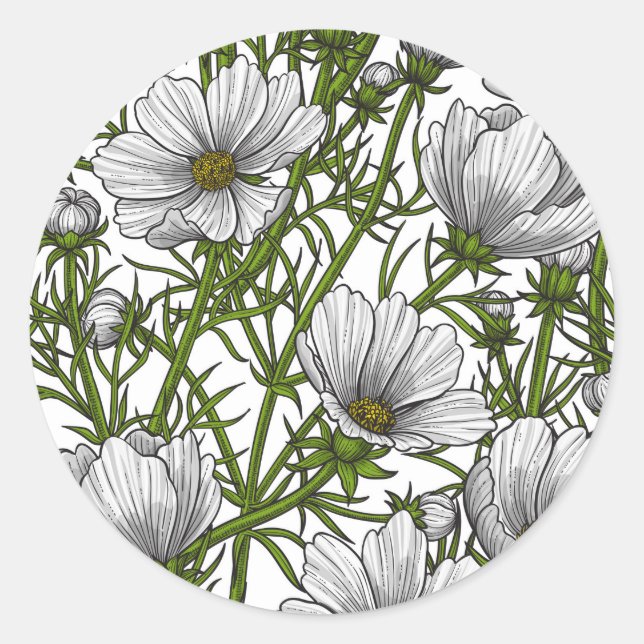 White cosmos flowers classic round sticker (Front)