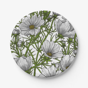 White cosmos flowers paper plate
