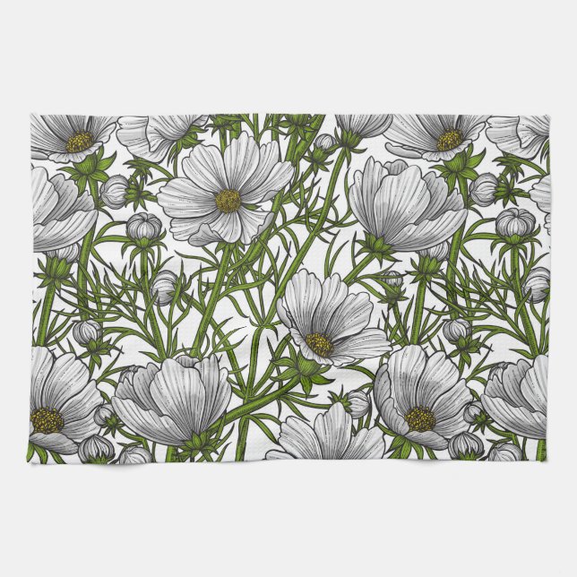 White cosmos flowers tea towel (Horizontal)