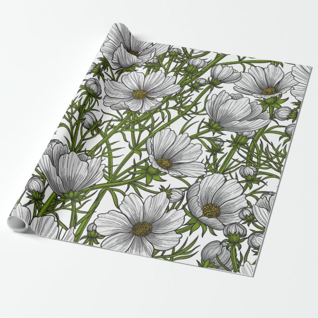 White cosmos flowers wrapping paper (Unrolled)